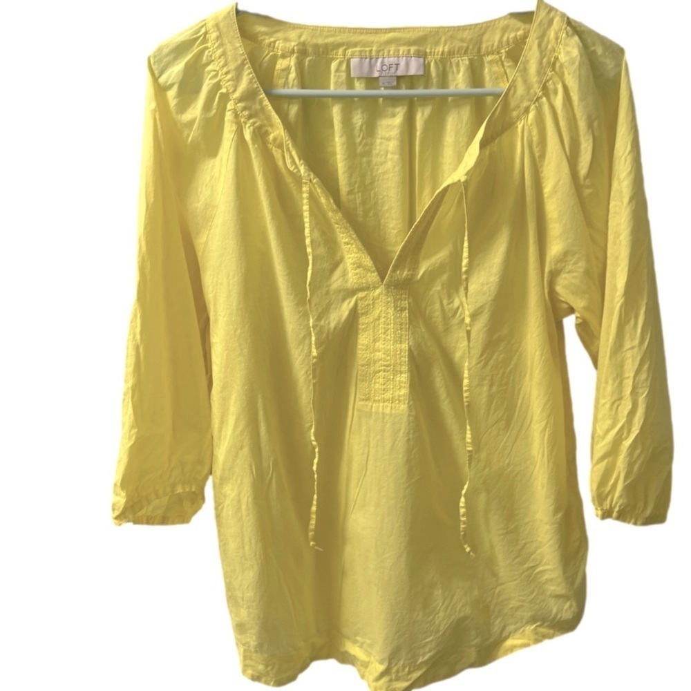 Light Yellow Loft V-Neck Blouse with functional tie, size medium